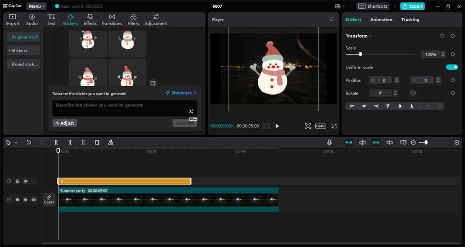 CapCut desktop video editor interface showing the creation of WhatsApp stickers