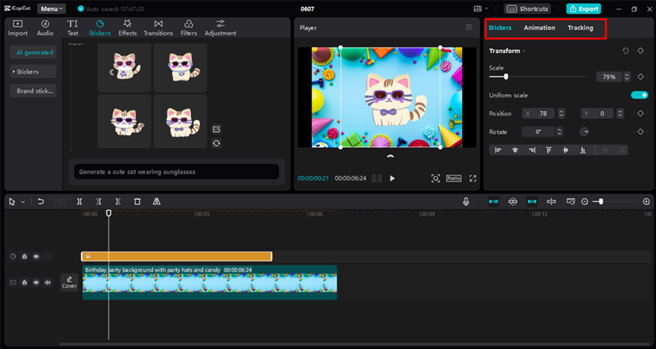 Customizing and using stickers in a video with CapCut desktop video editor