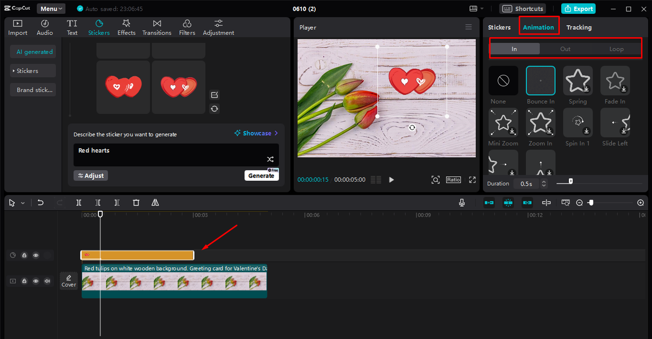 Applying animations to create a video sticker for WhatsApp in the CapCut desktop video editor