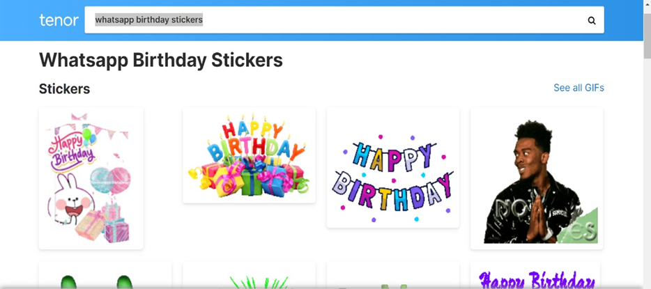 Tenor interface showing free birthday stickers for WhatsApp