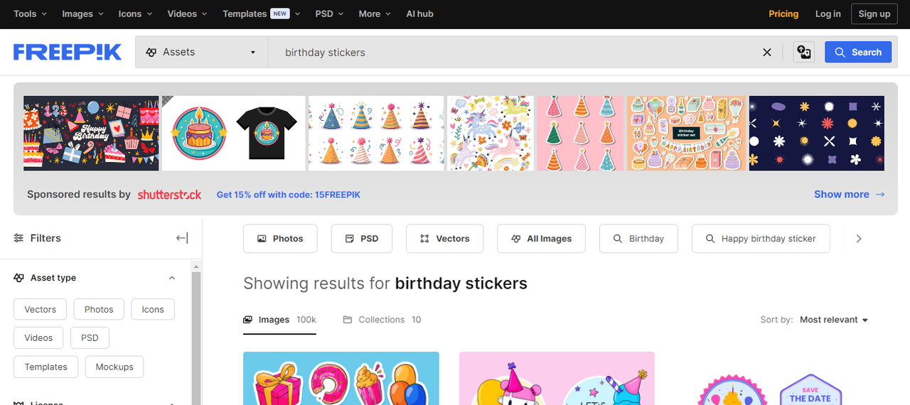 Interface of Freepick – another free platform to get happy birthday stickers for WhatsApp 