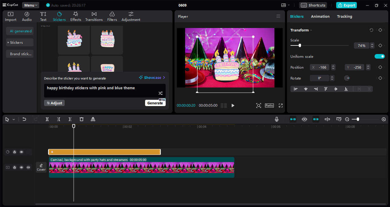 Interface of the CapCut desktop video editor showing the creation of happy birthday stickers for WhatsApp