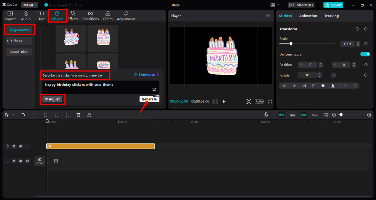 Creating a happy birthday sticker with the AI tool of the CapCut desktop video editor