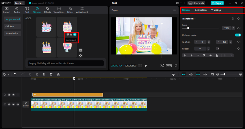Integrating a sticker in videos using the CapCut desktop video editor
