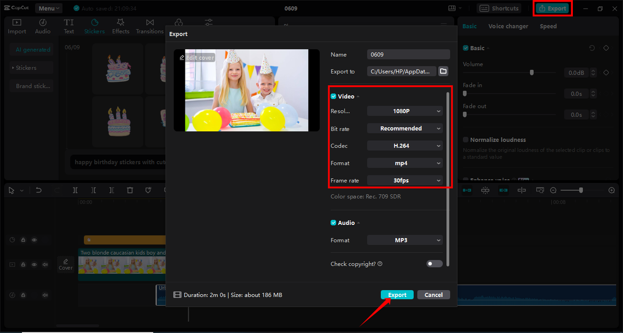 Exporting a video with sticker integration in the CapCut desktop video editor