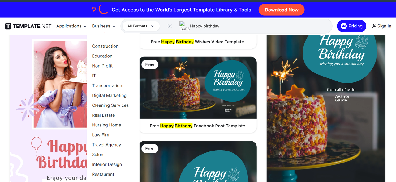 Template.net interface showing happy birthday templates