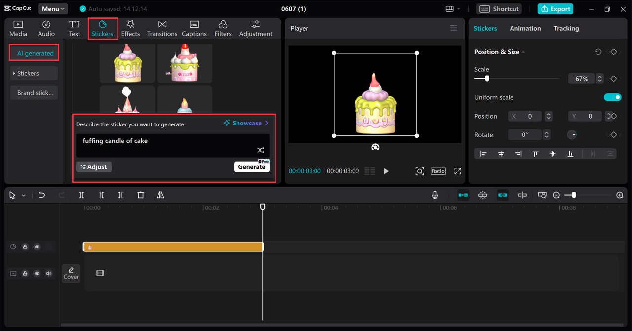 Generating happy birthday sticker using CapCut desktop video editor