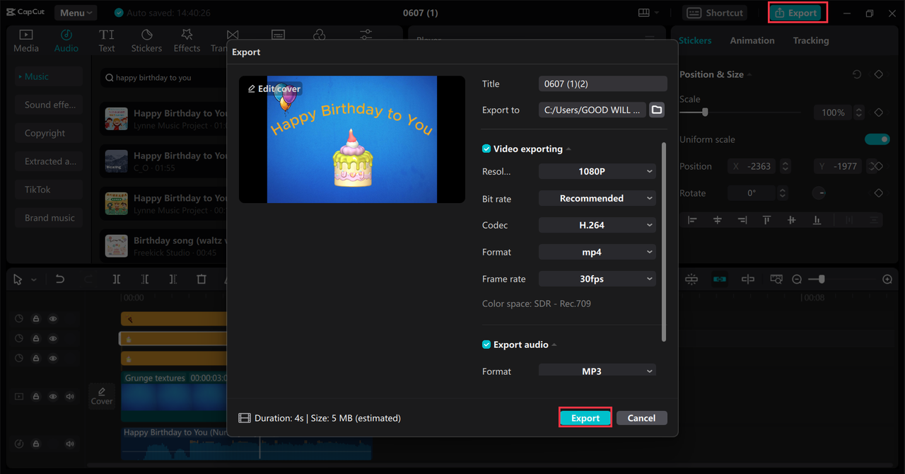Exporting happy birthday video from CapCut desktop video editor