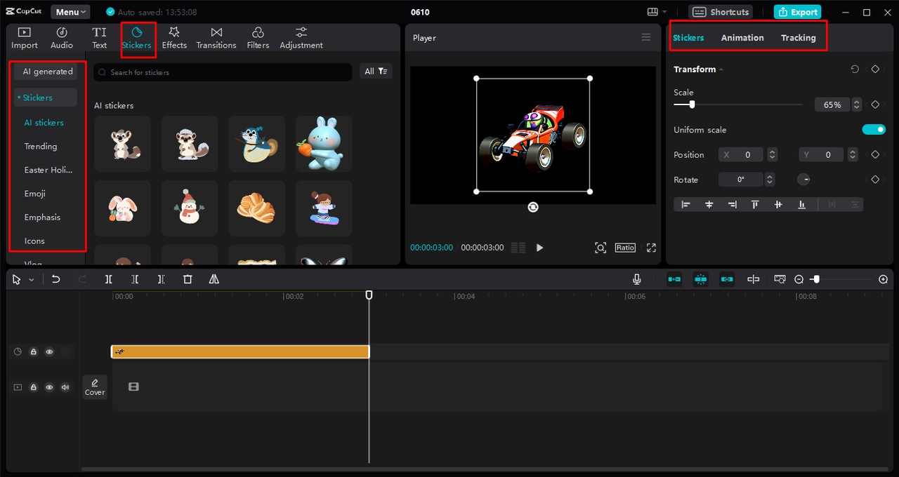 Editor interface of the CapCut desktop video editor showing stickers