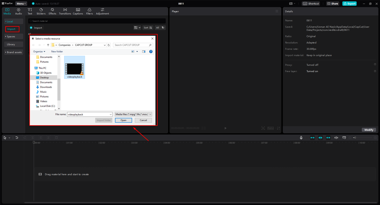 Importing the MP4 file into the CapCut desktop video editor