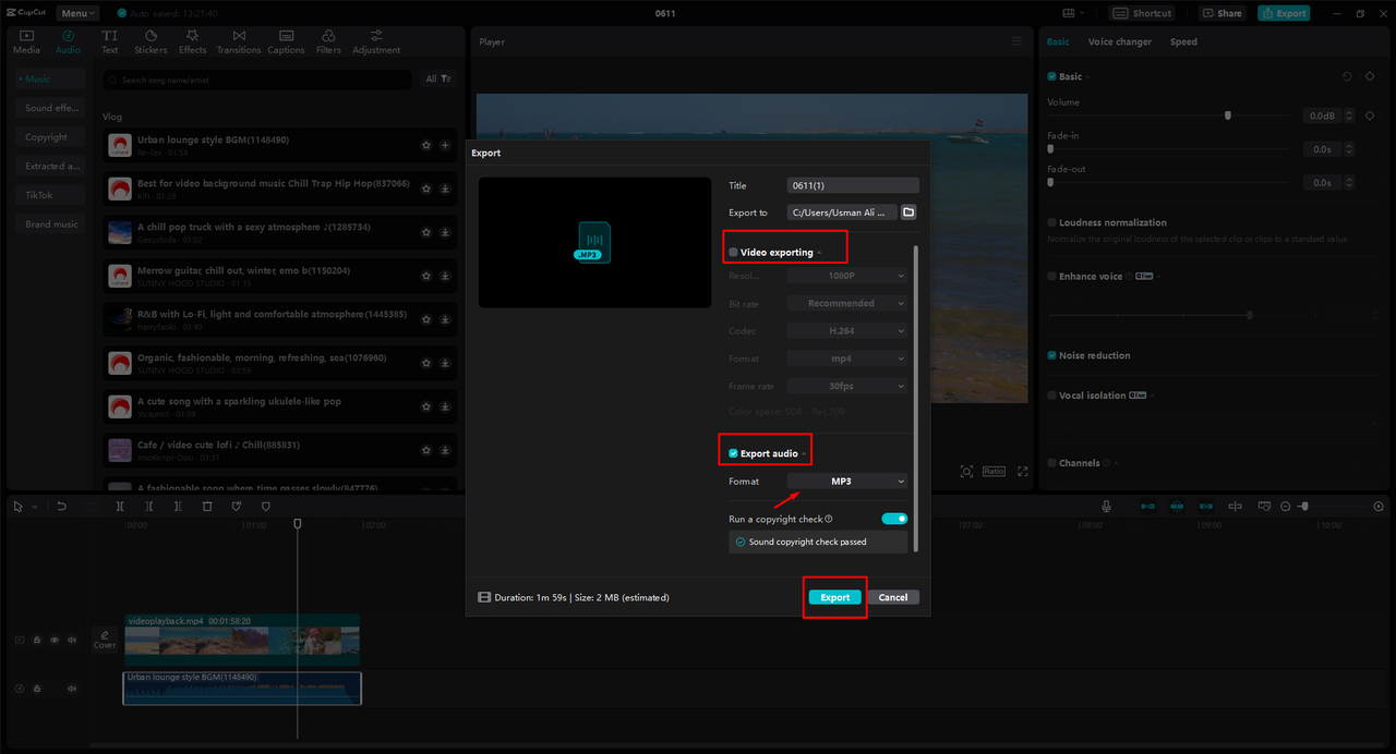 Exporting the MP3 file from CapCut desktop video editor