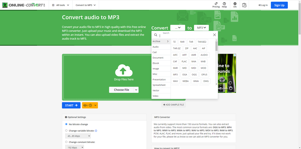 Online Convertor editor interface to convert files to MP3