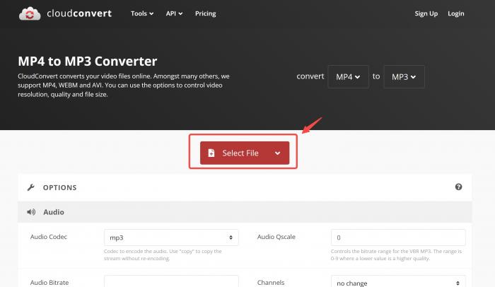 Editor interface of CloudConvert  - online MP4 to MP3 converter