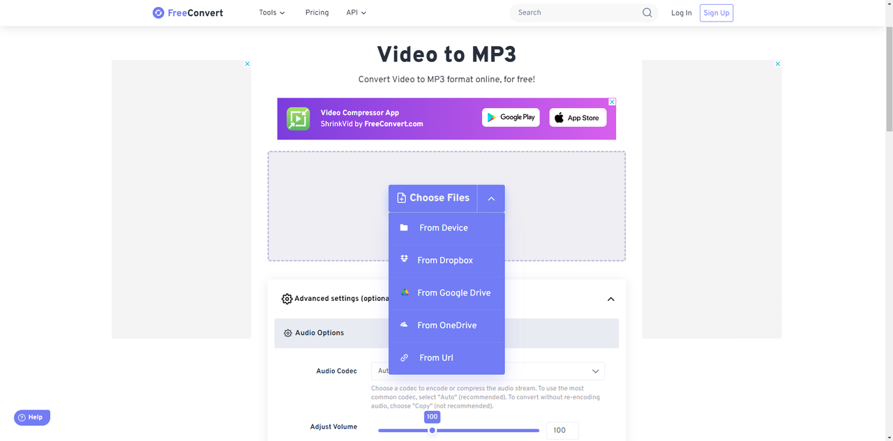 Editor interface of FreeConvert - an online MP4 to MP3 music converter