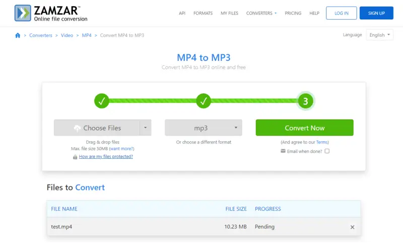 Zamzar editor interface - free MP4 to MP3 file converter online