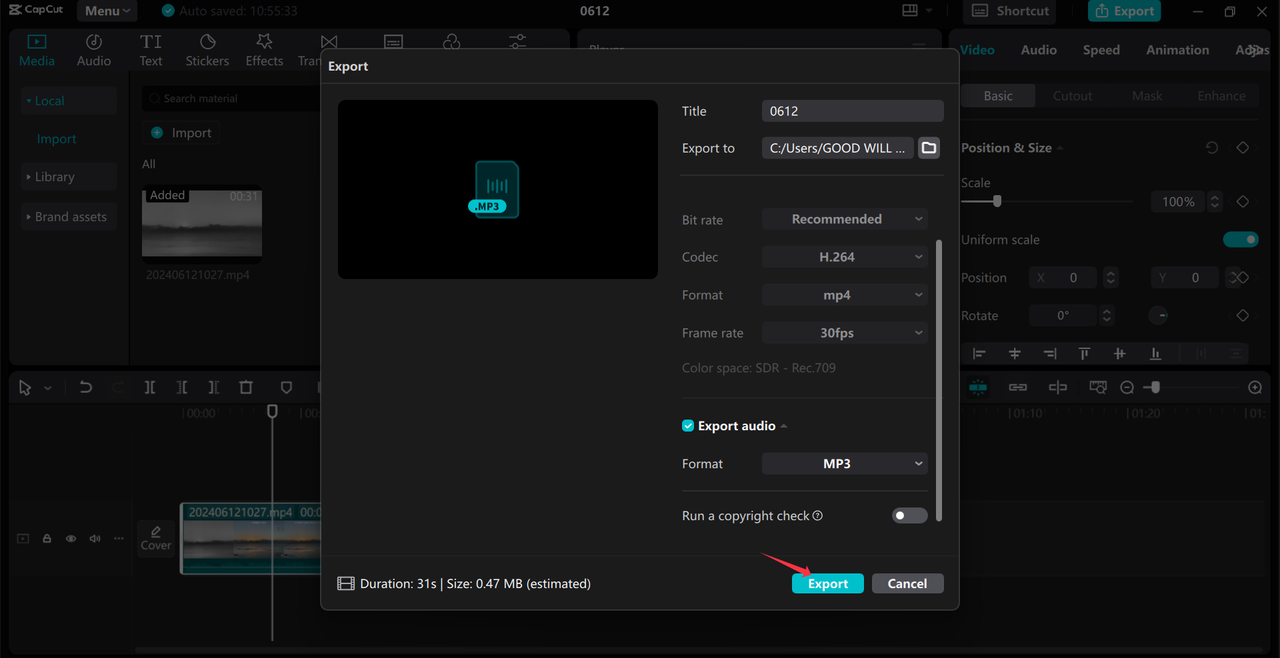 Exporting MP3 audio from the CapCut desktop video editor