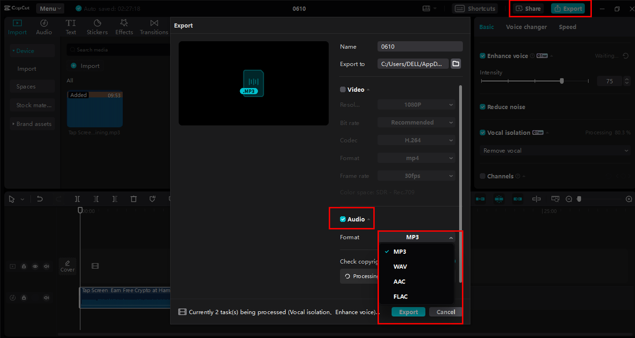 Export the music to other audio formats in the CapCut desktop video editor 