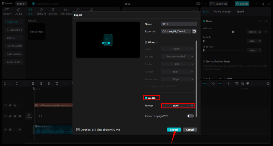 Exporting audio in WAV format in the CapCut desktop video editor 
