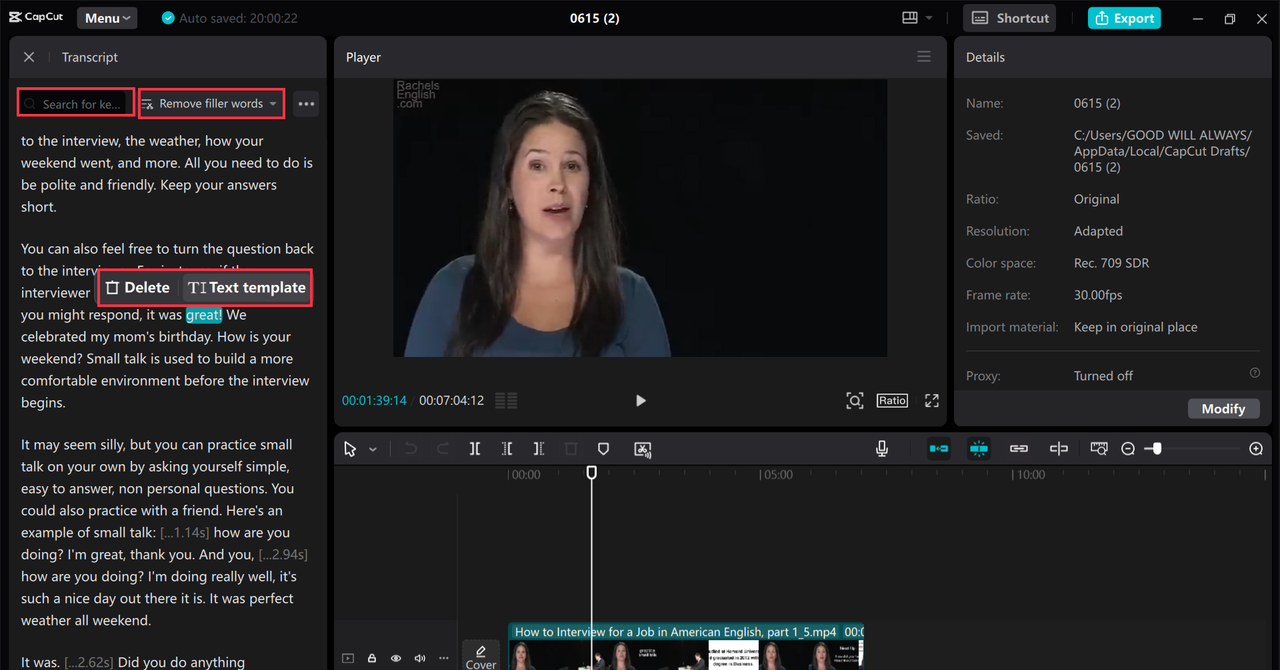 Showing how to edit video with text in the CapCut desktop video editor