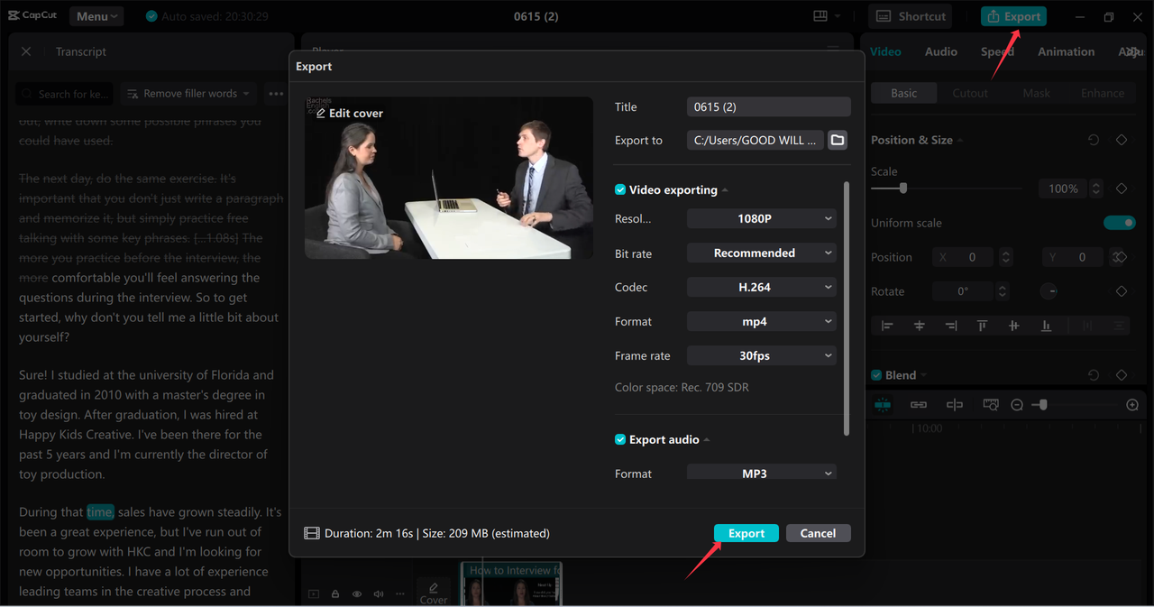 Exporting video from the CapCut desktop video editor 