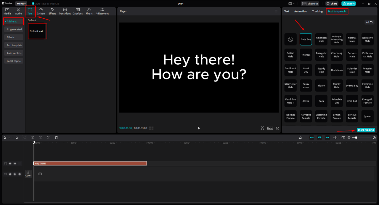 Using the text-to-speech tool in the CapCut desktop video editor to generate AI voice