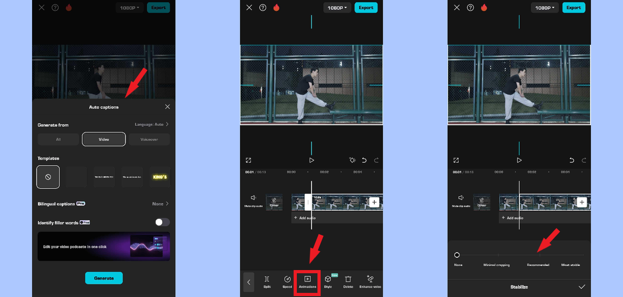 Captions, retouch, and stabalize option in CapCut