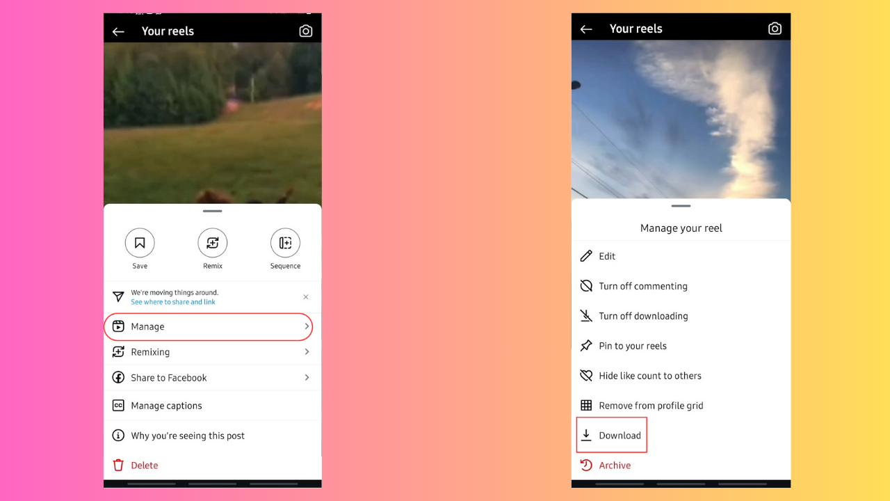 How to save a video on Instagram to camera roll: Image showing the "Manage" and "Download" buttons 