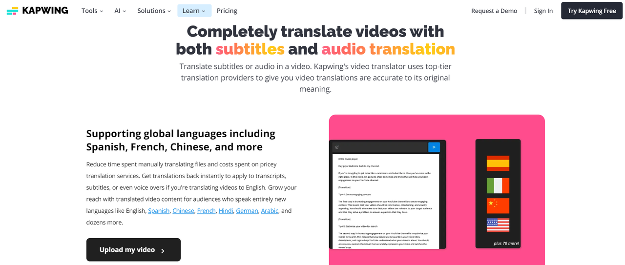 Kapwing translates a video online for free
