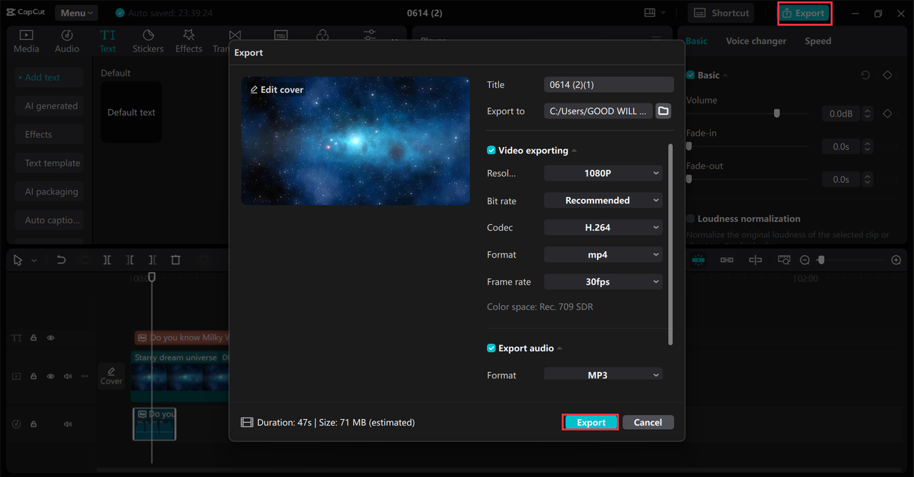 Sharing the file to social media platforms from the CapCut desktop video editor