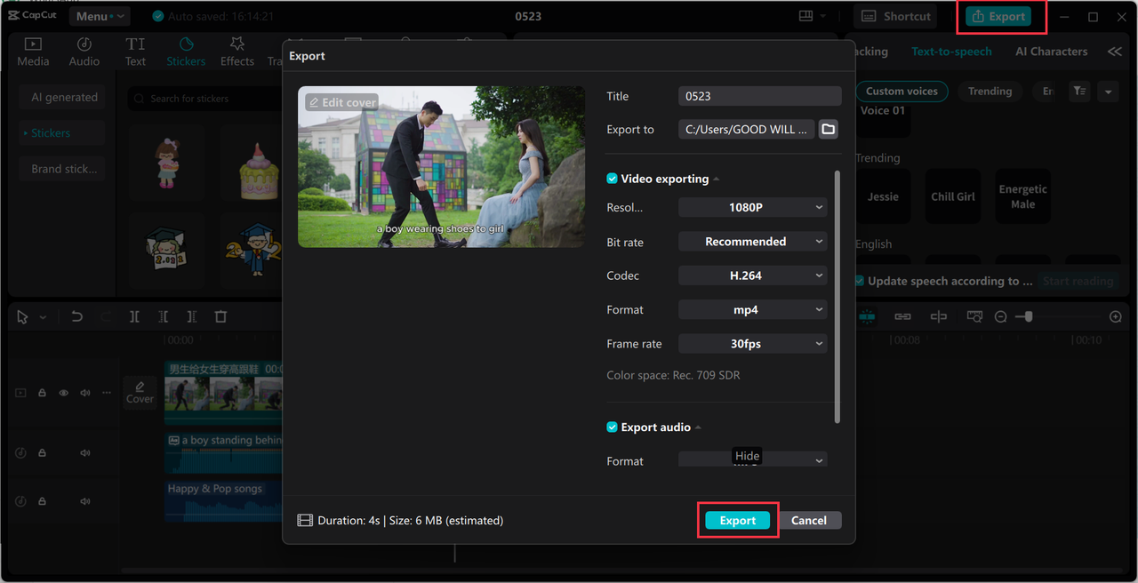 Exporting video from CapCut desktop video editor