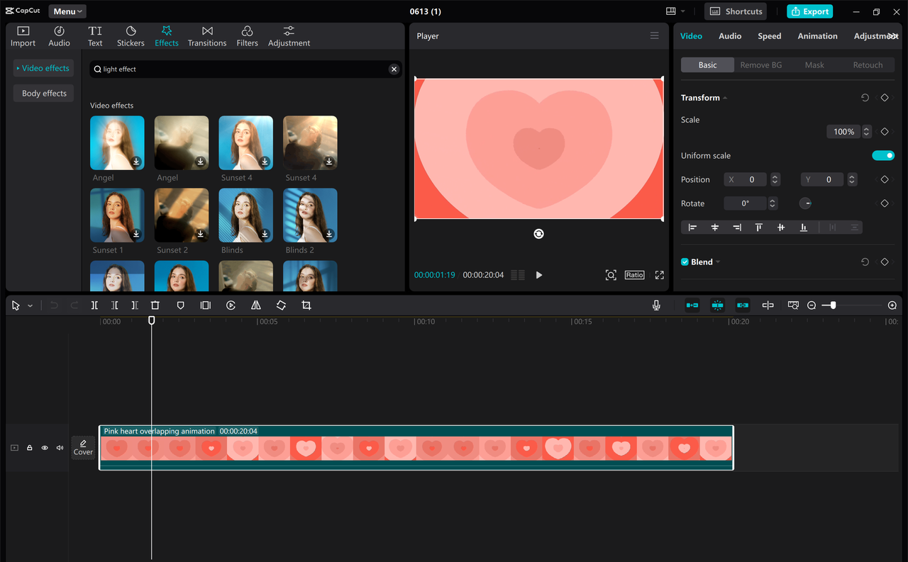 Light effects on the CapCut desktop video editor