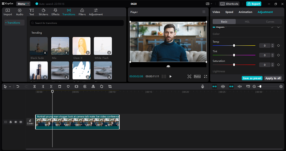 Interface of the CapCut desktop video editor showcasing tools for optimal vlogging lights