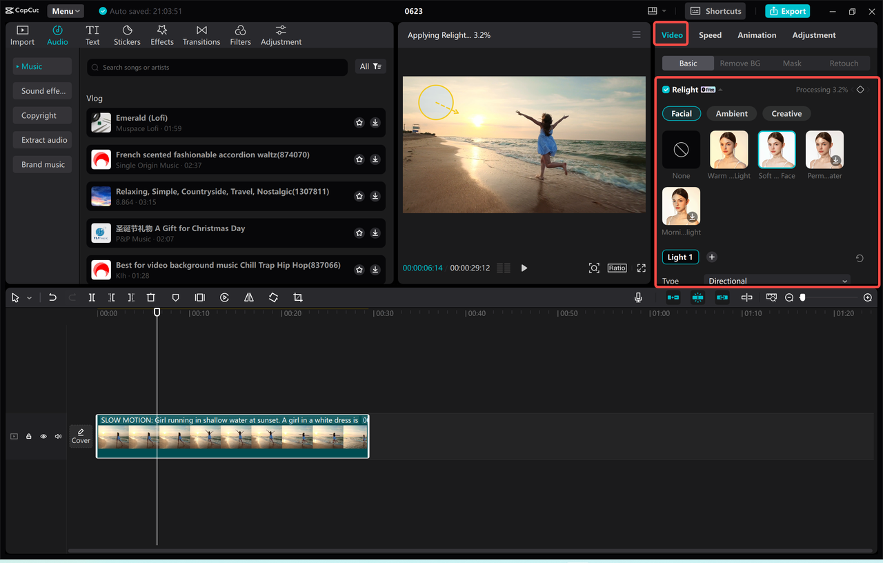 Adjusting video lighting settings in the CapCut desktop video editor
