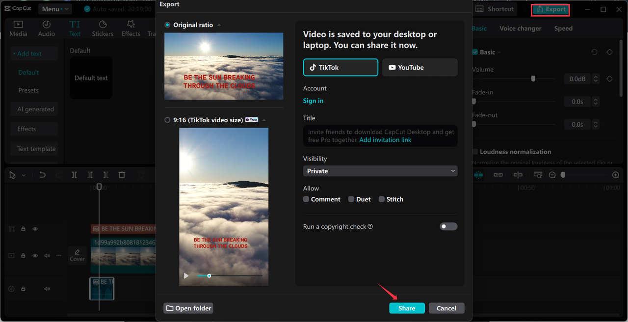 Exporting and sharing media from the CapCut desktop video editor