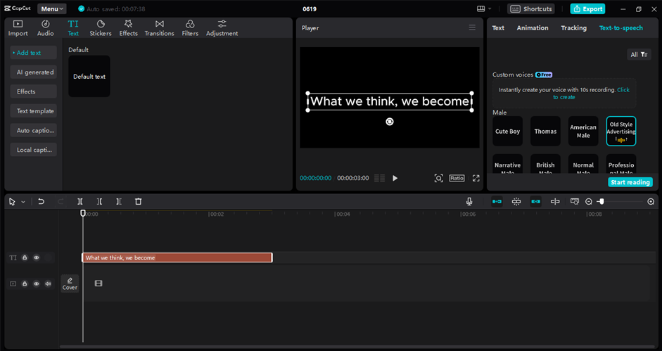 Interface of the CapCut desktop video editor showing text-to-speech feature with various voice options