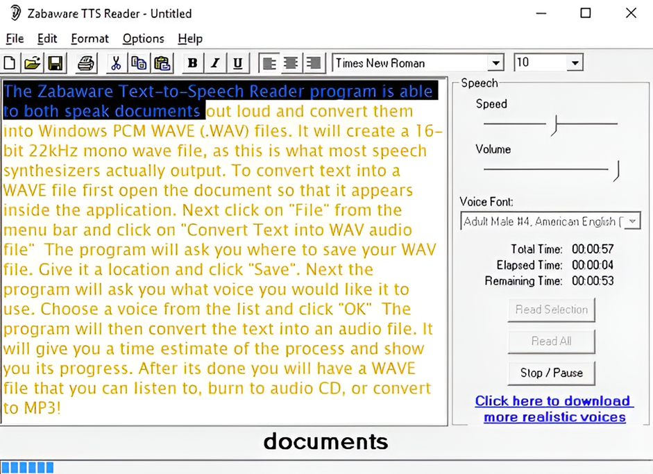 Zabaware Text-to-Speech Reader interface — a robust AI voice generator available for free download