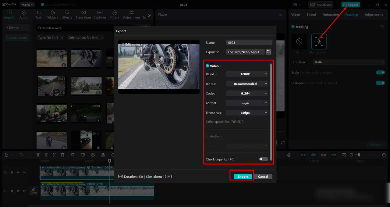 Exporting video from the CapCut desktop video editor's library