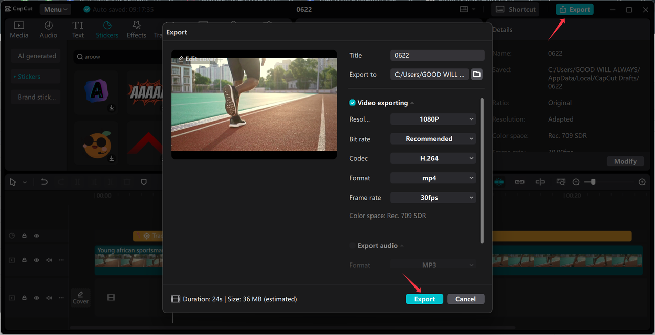 Exporting video from the CapCut desktop video editor