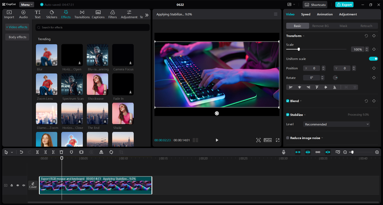 Interface of the CapCut desktop video editor - the best tool to stabilize camera pan shots in video