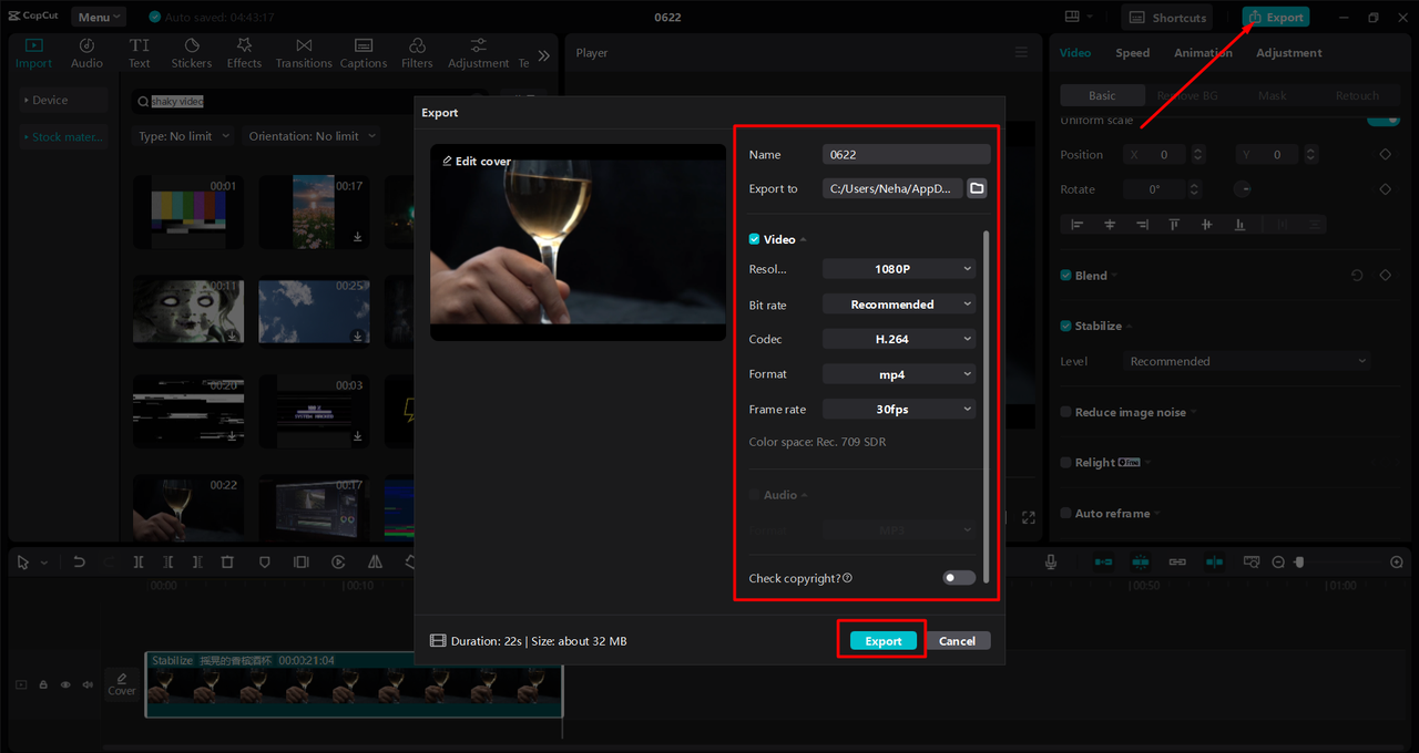 Exporting the stabilized pan shot video from the CapCut desktop video editor