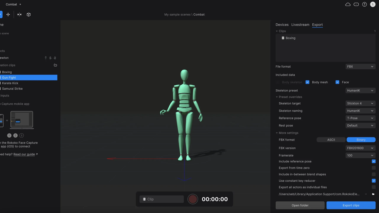 Rokoko Vision's interface - free 3D animation software