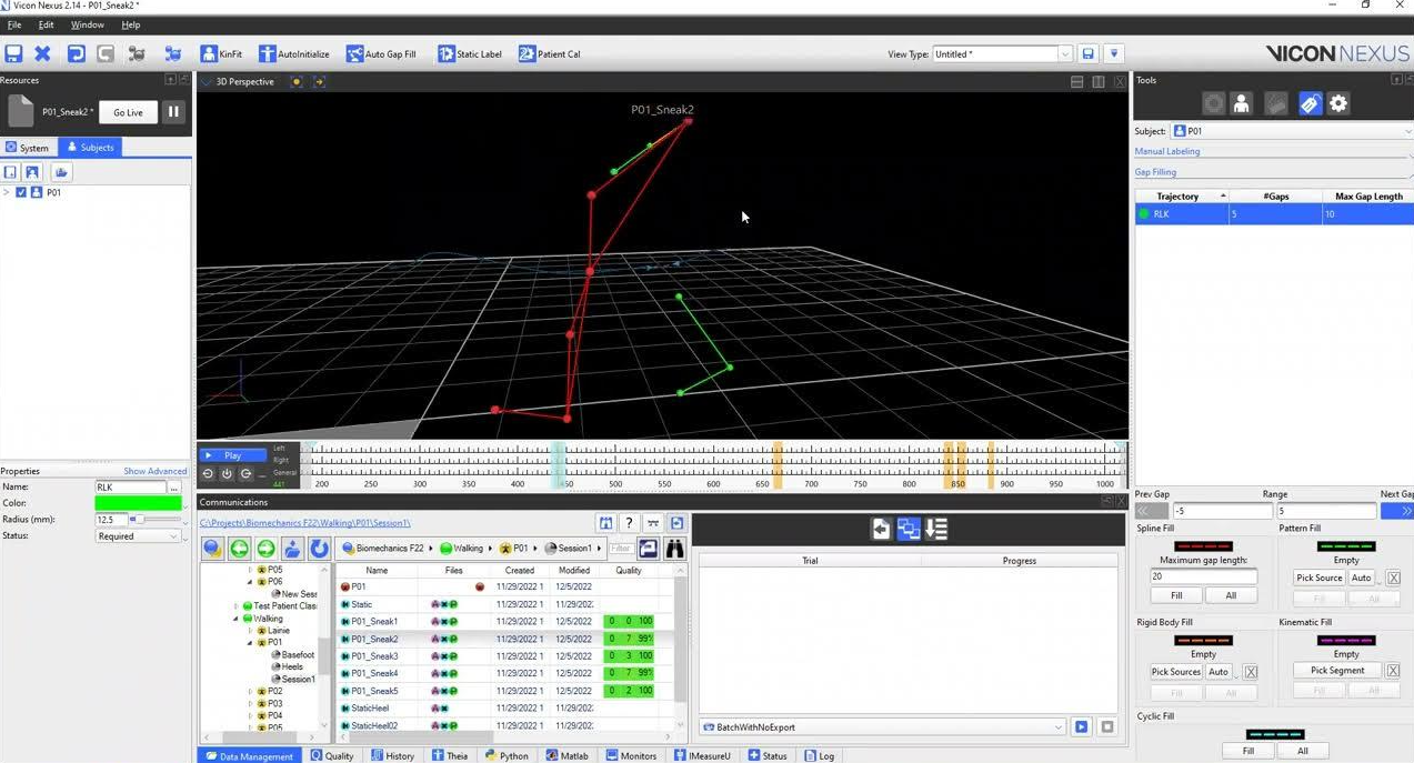 Vicon interface showcasing real-time motion capture data visualization