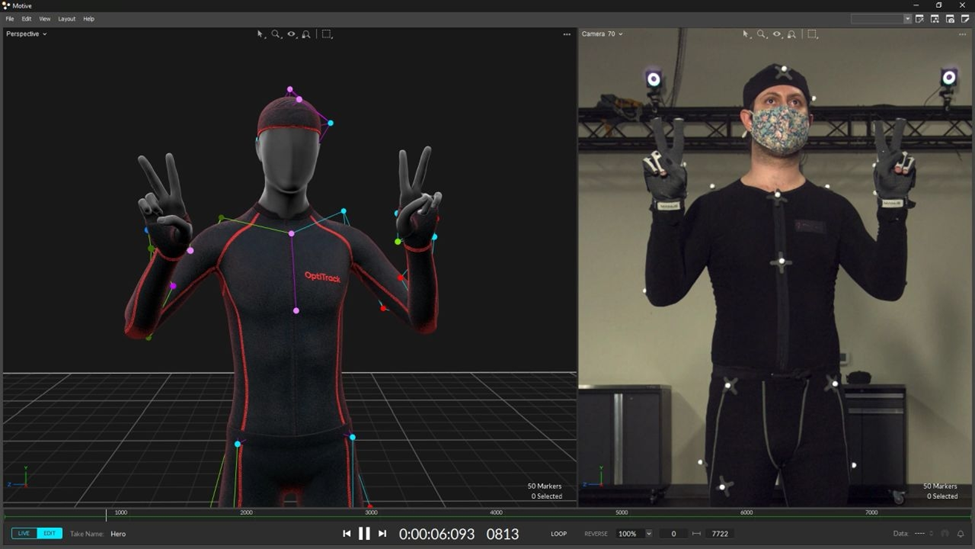 OptiTrack Motive motion capture program interface displaying 3D skeletal tracking