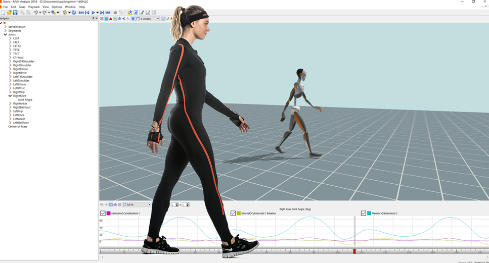 Intre Xsens motion capture program displaying detailed motion data and character rigging.