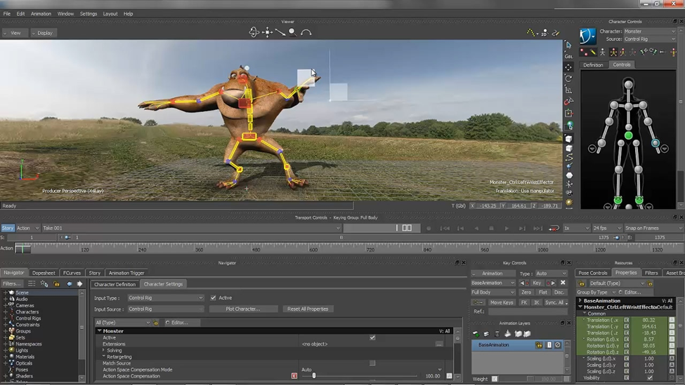 Autodesk MotionBuilder software interface showing advanced motion capture animation tools