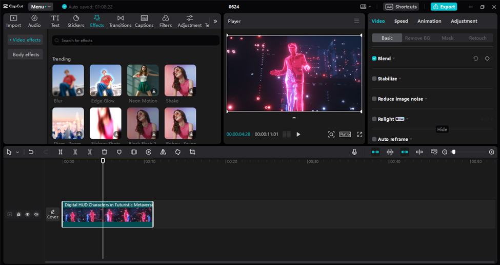 CapCut desktop video editor showing advanced editing tools for motion capture footage enhancement