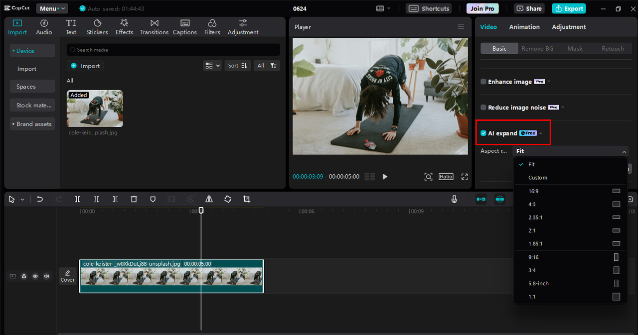 using AI expand functionality to enhance footage in the CapCut desktop video editor  