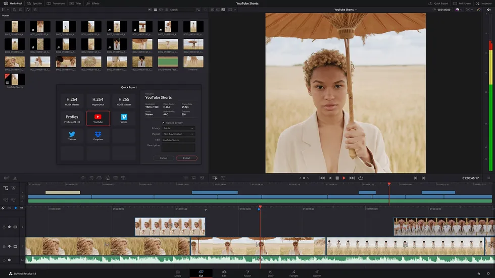 DaVinci Resolve interface, a powerful tool to expand images 