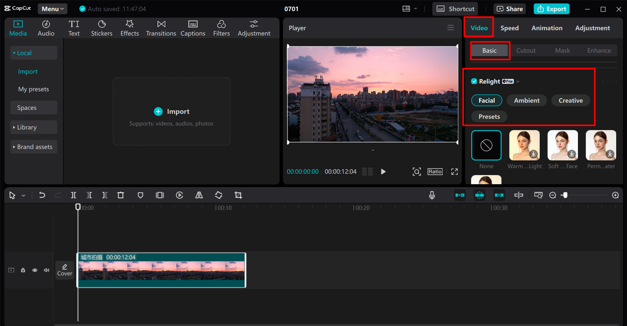 Adjusting video lighting in the CapCut desktop video editor