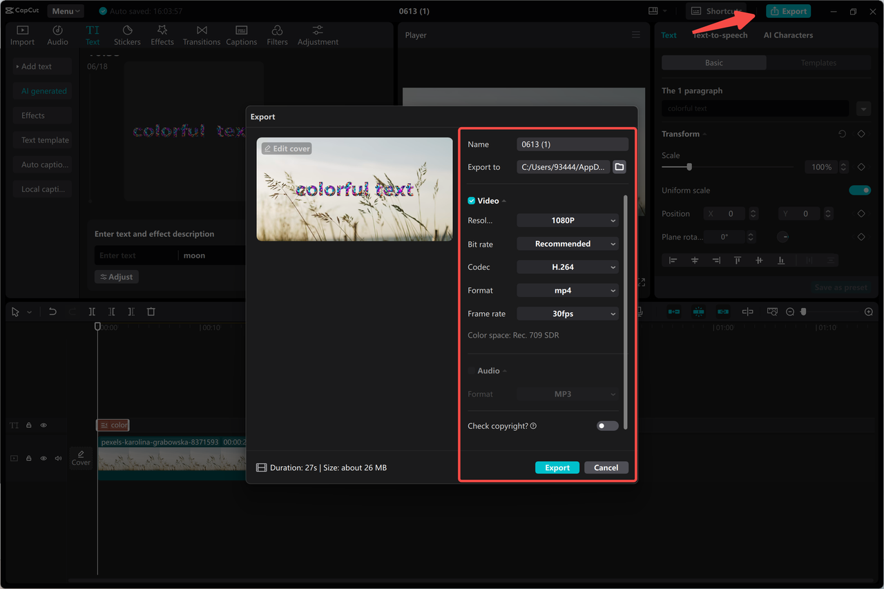 Exporting an image with an extended background in the CapCut desktop video editor 